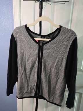 Saks Fifth Avenue Black and Gray Zip-Front Cardigan